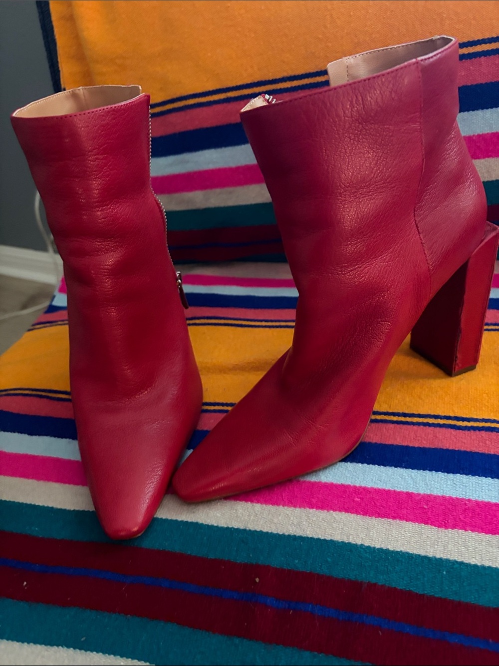 Women's Red Leather Pointed Toe Block Heel Ankle Boots